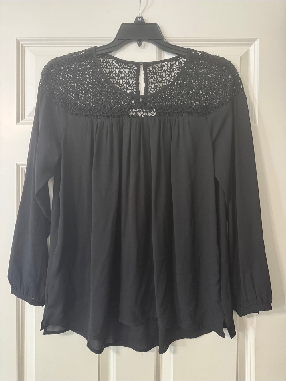 Loft Black Crochet-Yoke Long Sleeve Blouse size M